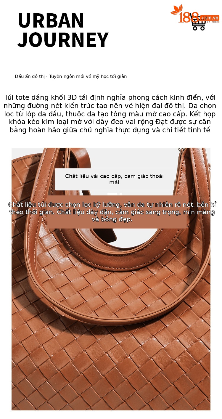 Túi tote da bò dệt kiểu retro cỡ lớn, có túi con rời, quai xách tay và đeo vai — màu nâu, màu đen chi tiết 2