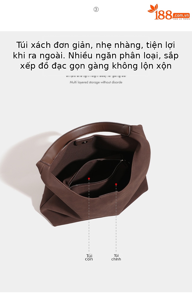Túi tote da nubuck phong cách retro Hàn Quốc, dung tích lớn tiện lợi — Màu nâu sẫm, nhũ hương chi tiết 3