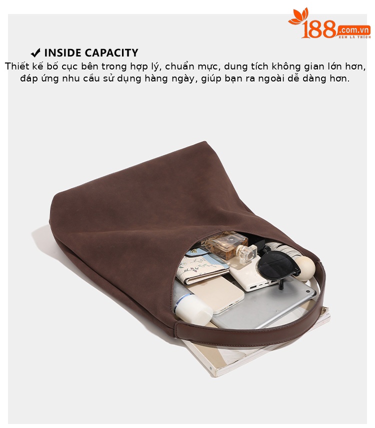 Túi tote da nubuck phong cách retro Hàn Quốc, dung tích lớn tiện lợi — Màu nâu sẫm, nhũ hương chi tiết 10
