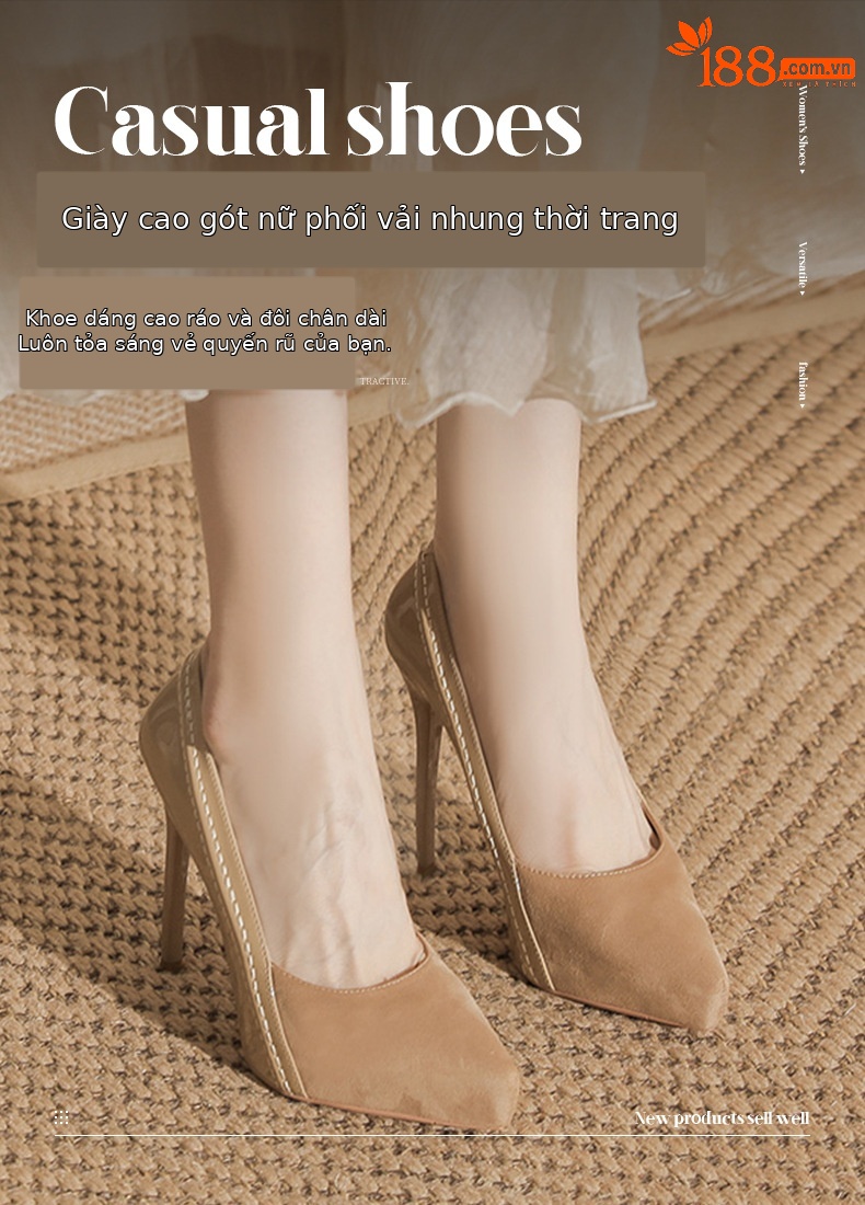 Giày cao gót mũi nhọn da lộn kiểu Pháp, miệng nông, đế chống nước — màu đen chi tiết 1