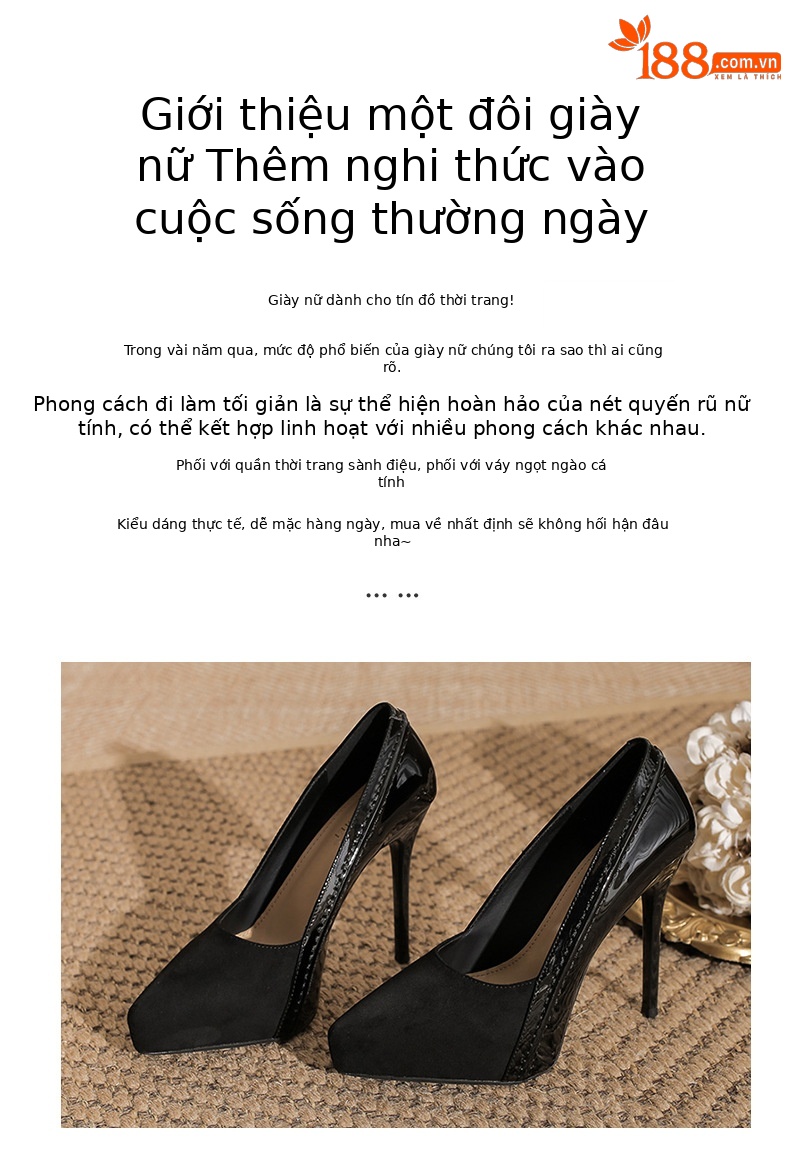 Giày cao gót mũi nhọn da lộn kiểu Pháp, miệng nông, đế chống nước — màu đen chi tiết 2