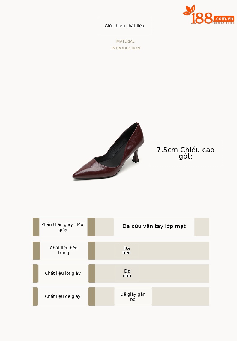 Giày cao gót nữ mũi nhọn da dê gót 7,5 cm phong cách Hàn Quốc — màu đen chi tiết 2