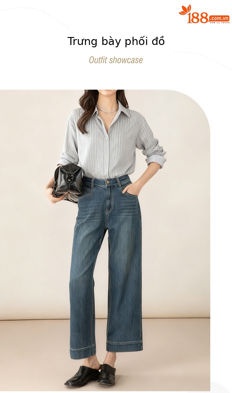 Quần jean nữ ống rộng cạp cao 9 phân, dáng suông slim fit, chất vải chống thấm — màu xanh nhạt chi tiết 1