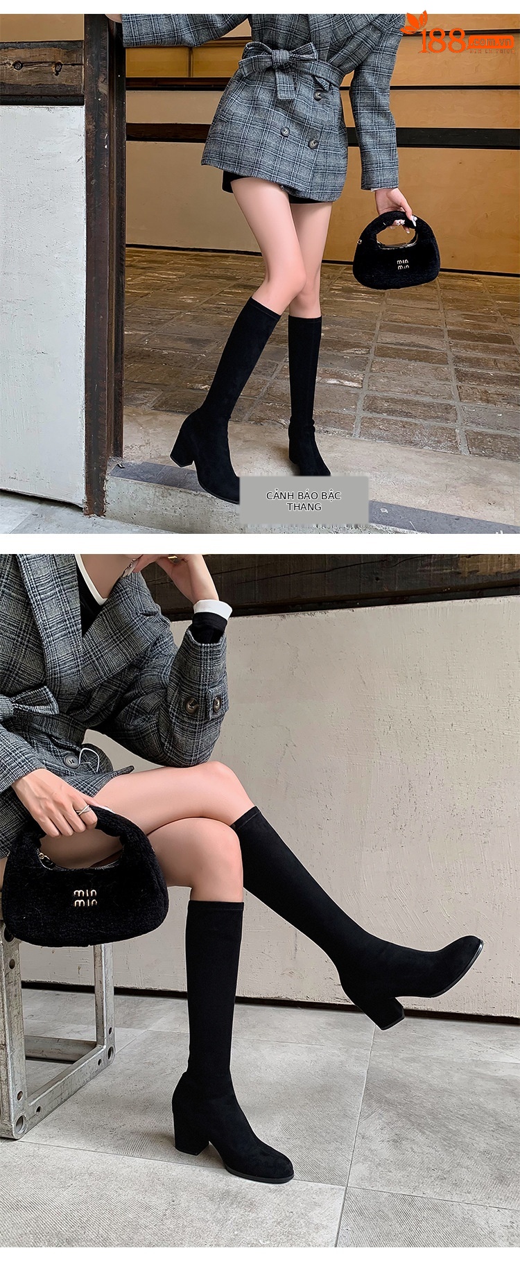 Boot nữ cổ cao ôm bắp chân mũi tròn gót vuông đế dày da lộn — Lớp lót đơn trên đầu gối màu kaki chi tiết 27