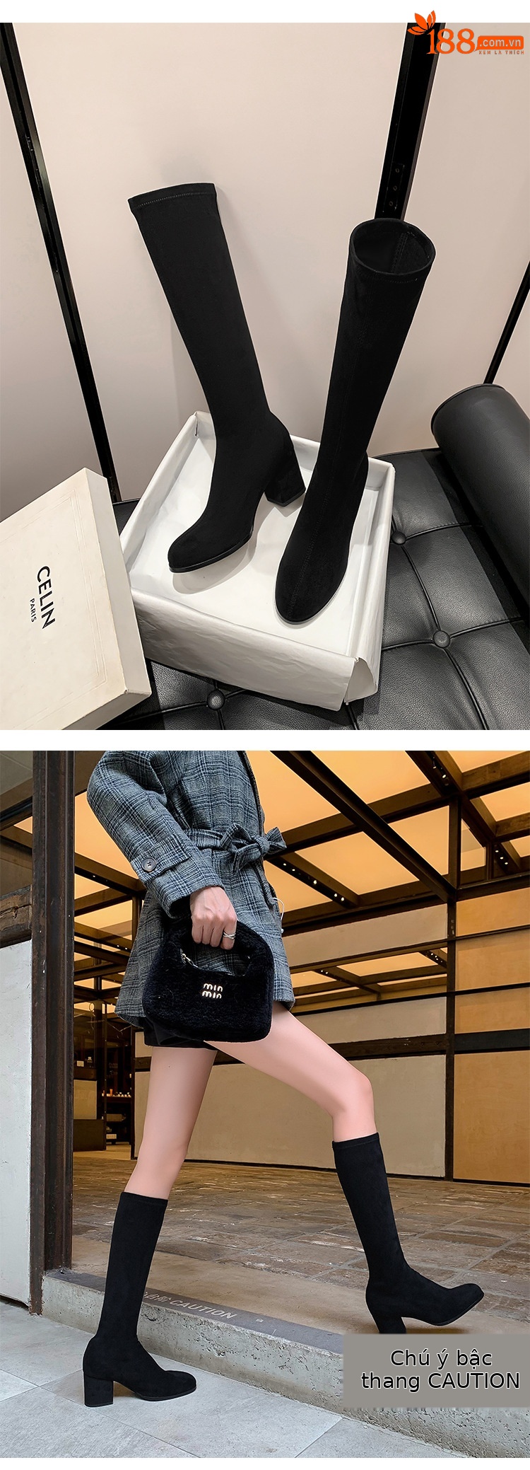 Boot nữ cổ cao ôm bắp chân mũi tròn gót vuông đế dày da lộn — Lớp lót đơn trên đầu gối màu kaki chi tiết 28