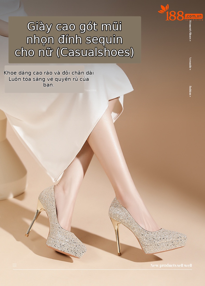 Giày cao gót nữ mũi nhọn đế xuồng sequin lấp lánh gót 12 cm — Rượu sâm banh chi tiết 1