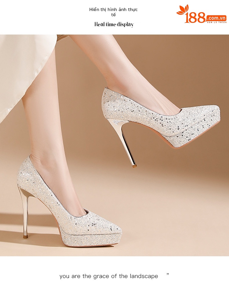 Giày cao gót nữ mũi nhọn đế xuồng sequin lấp lánh gót 12 cm — Rượu sâm banh chi tiết 6