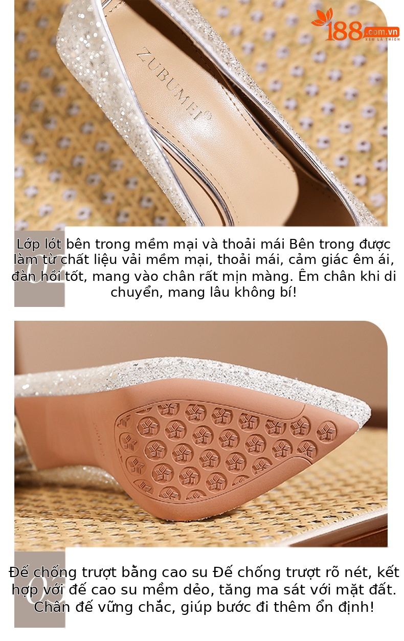 Giày cao gót nữ mũi nhọn đế xuồng sequin lấp lánh gót 12 cm — Rượu sâm banh chi tiết 5