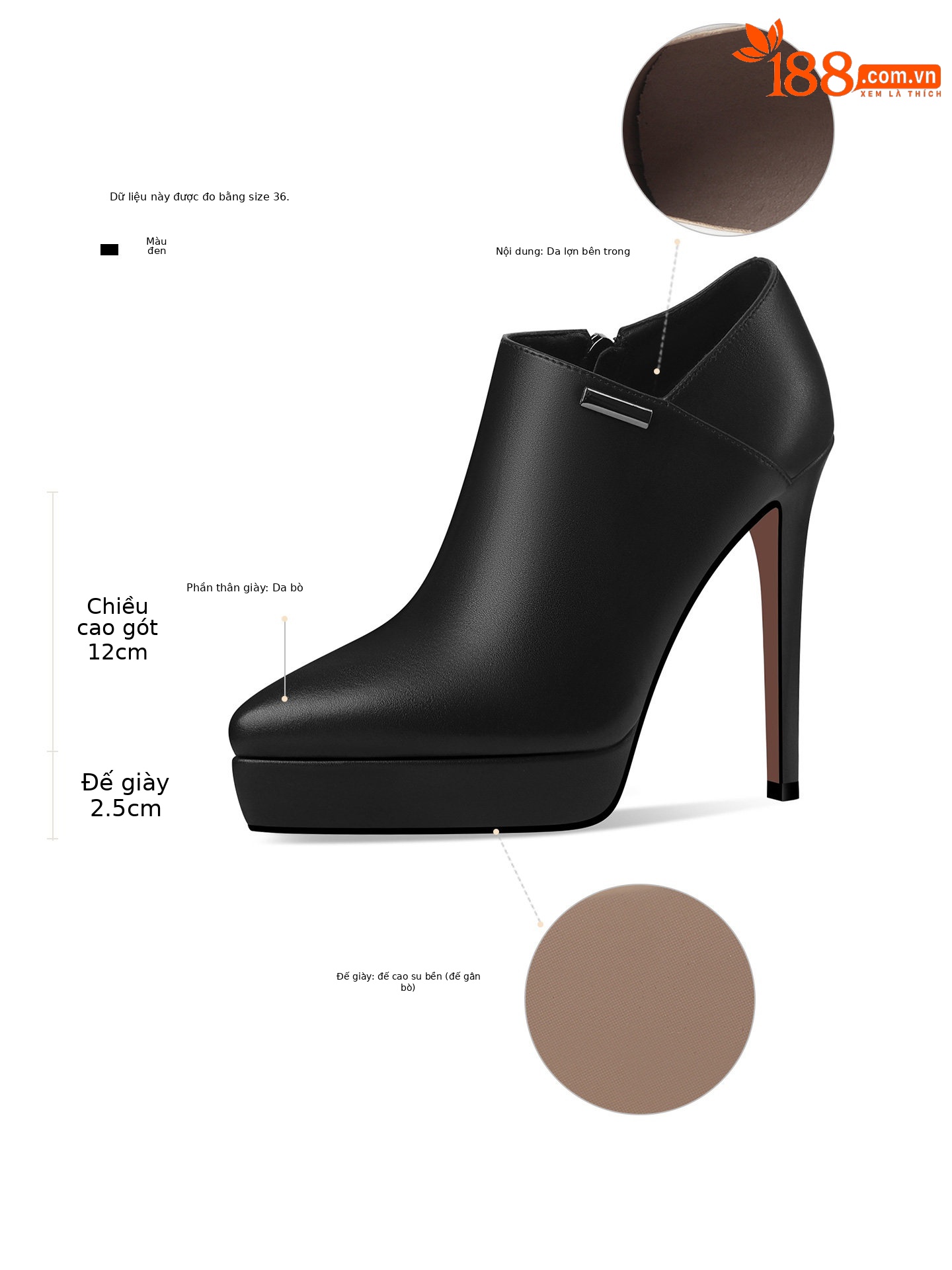Boot cổ thấp nữ mũi nhọn gót siêu cao 8cm đế chống nước khóa kéo bên — Đen, Trắng