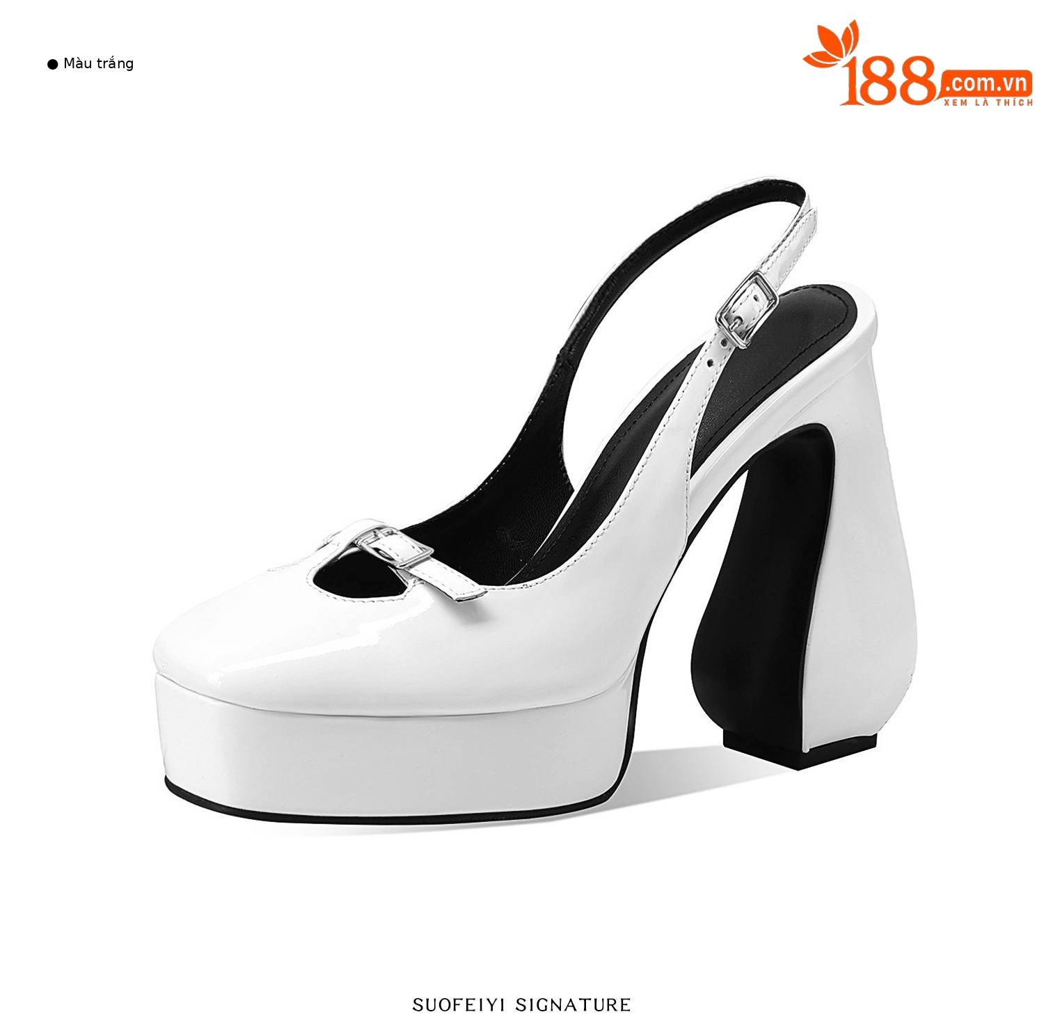Sandal cao gót nữ mũi vuông đế xuồng chống nước — Đen, Trắng chi tiết 6