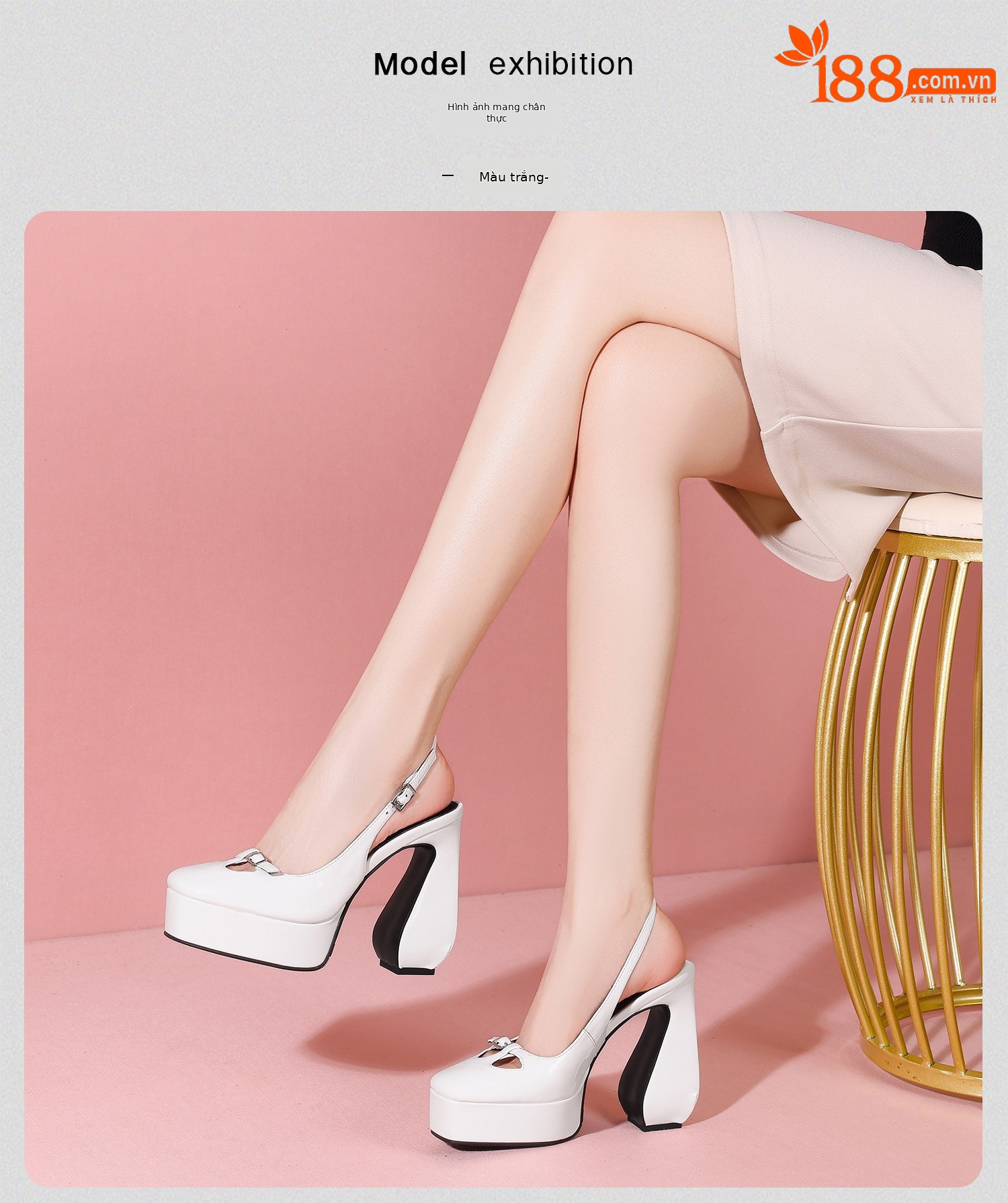 Sandal cao gót nữ mũi vuông đế xuồng chống nước — Đen, Trắng chi tiết 19