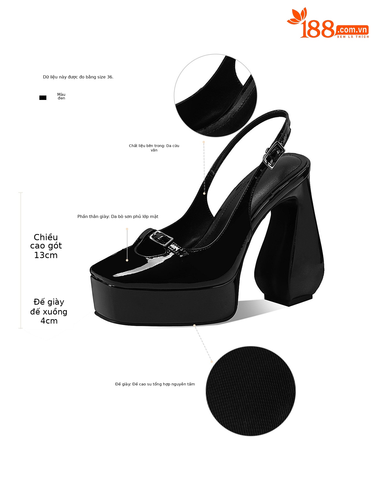 Sandal cao gót nữ mũi vuông đế xuồng chống nước — Đen, Trắng