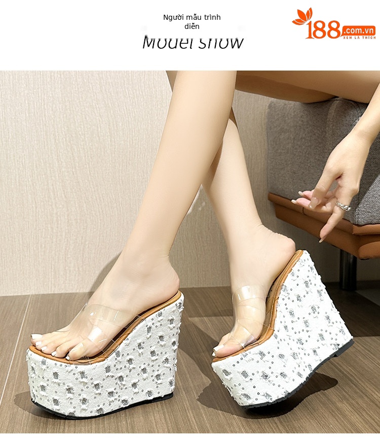 Dép cao gót nữ đế xuồng 15 cm, slip-on sequin trong suốt, chống trơn trượt — Các mặt hàng 10cm được làm theo yêu cầu sẽ không được trả lại và không thể trao đổi., Các mặt hàng 12cm được sản xuất theo yêu cầu không được trả lại và không được trao đổi., Trắng chi tiết 8