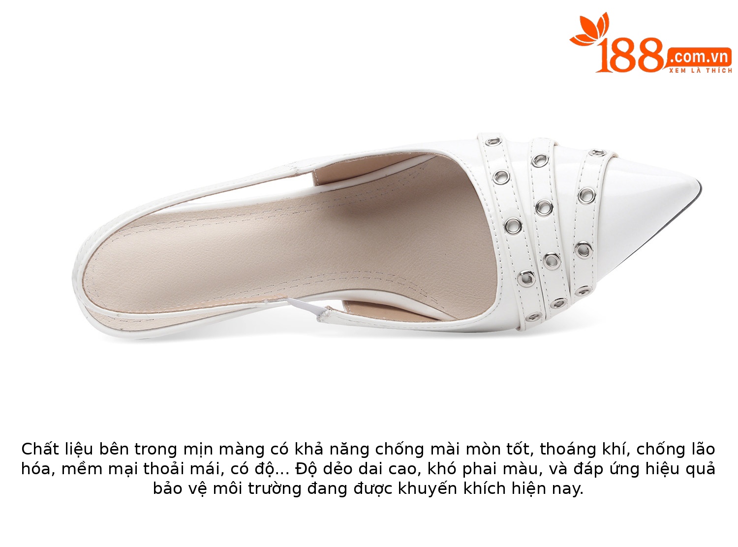 Sandal cao gót mũi nhọn bít đinh tán da bóng phong cách châu Âu — Đen, Trắng chi tiết 12