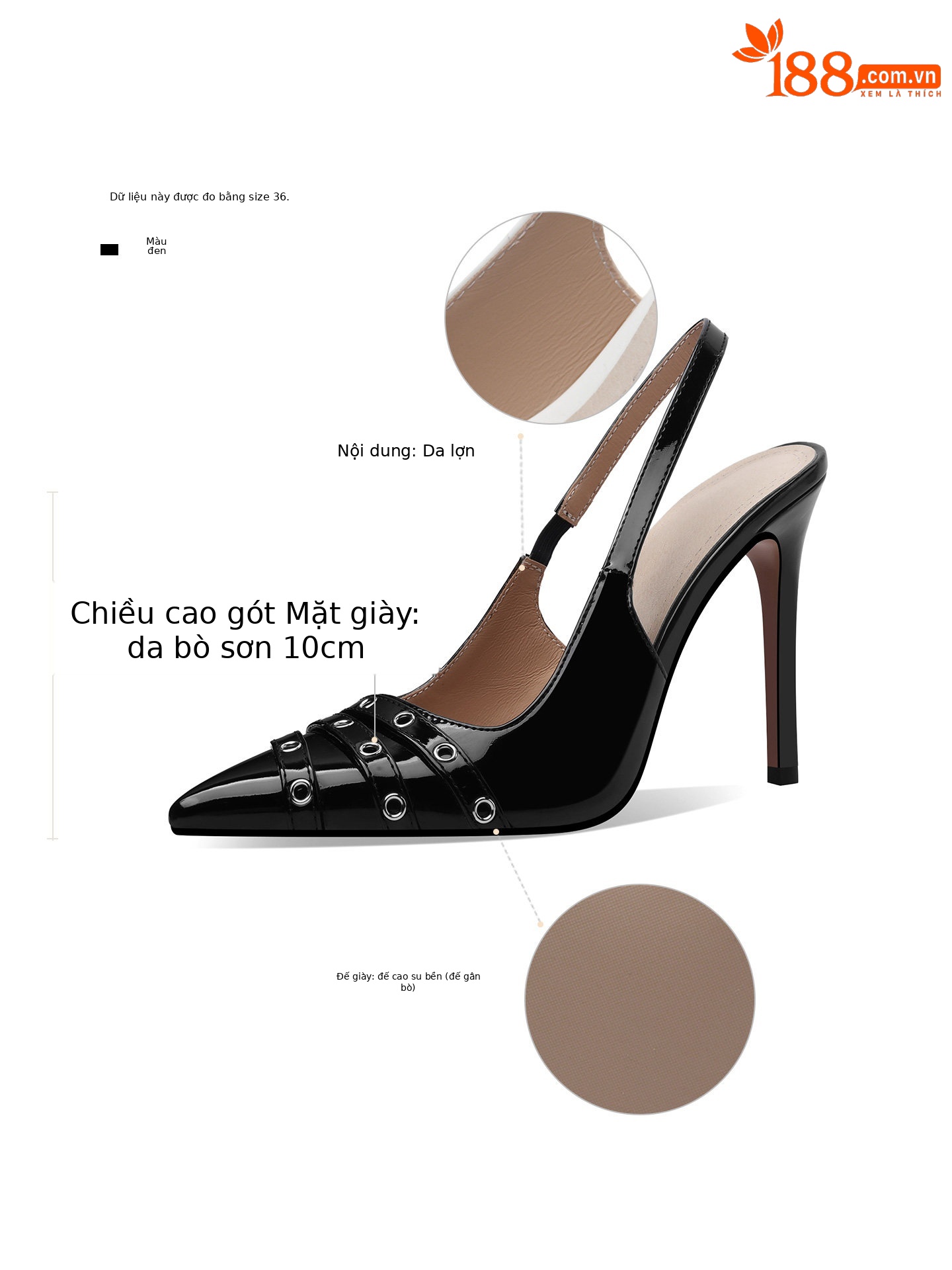 Sandal cao gót mũi nhọn bít đinh tán da bóng phong cách châu Âu — Đen, Trắng