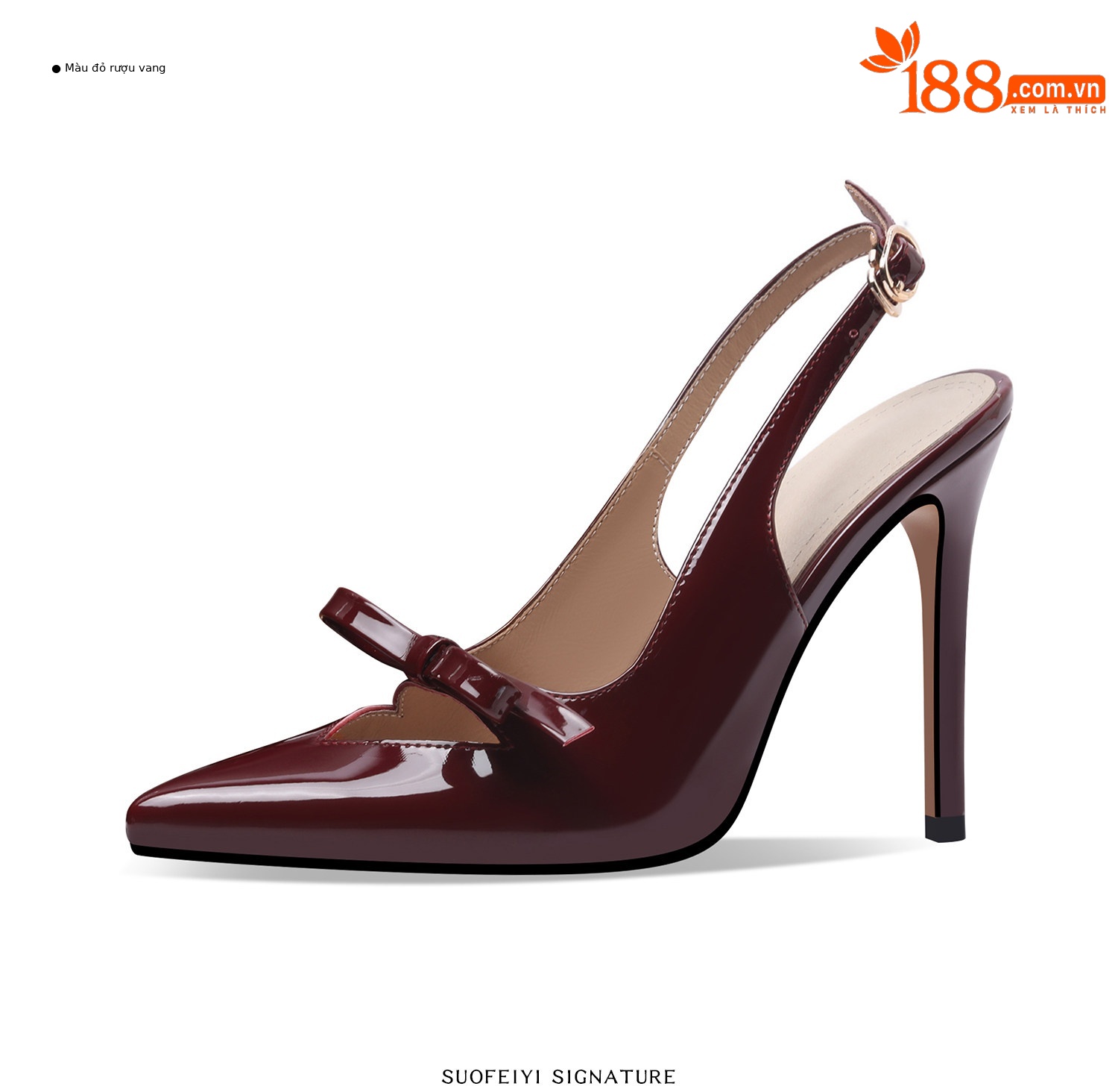 Sandal cao gót nữ hở mũi mũi nhọn chất liệu da bóng, quai mắt cá, nơ trang trí — Đen, Đỏ rượu chi tiết 6