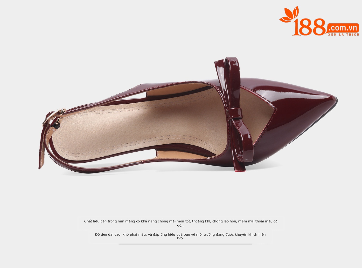 Sandal cao gót nữ hở mũi mũi nhọn chất liệu da bóng, quai mắt cá, nơ trang trí — Đen, Đỏ rượu chi tiết 12