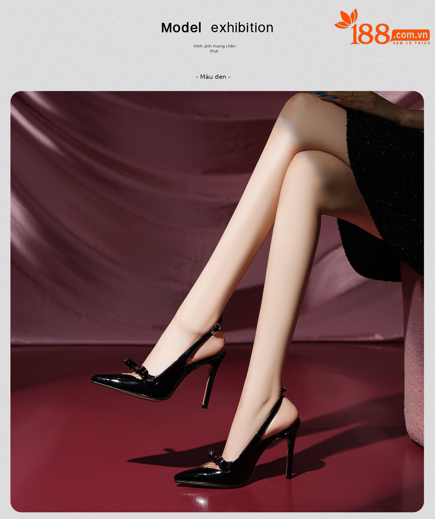 Sandal cao gót nữ hở mũi mũi nhọn chất liệu da bóng, quai mắt cá, nơ trang trí — Đen, Đỏ rượu chi tiết 14