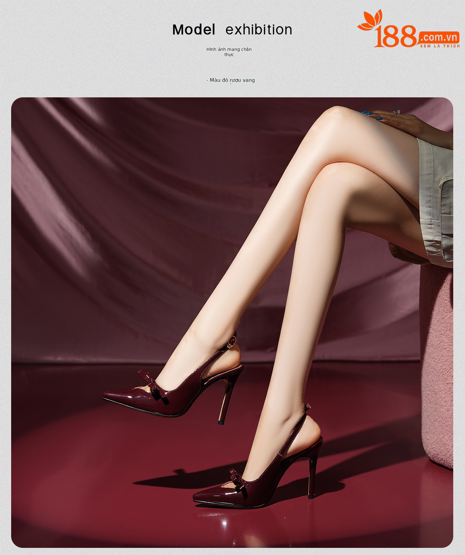 Sandal cao gót nữ hở mũi mũi nhọn chất liệu da bóng, quai mắt cá, nơ trang trí — Đen, Đỏ rượu chi tiết 16