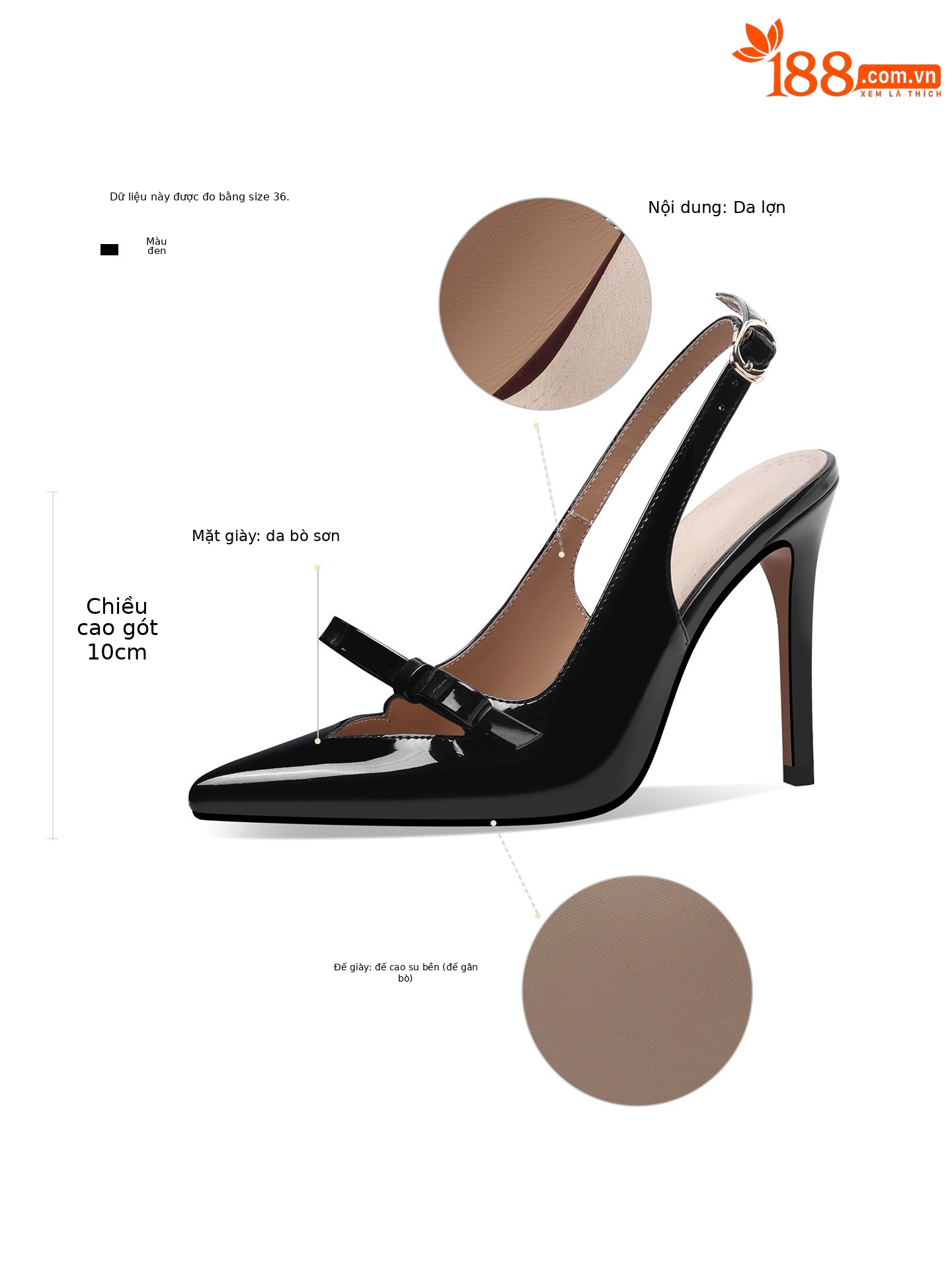 Sandal cao gót nữ hở mũi mũi nhọn chất liệu da bóng, quai mắt cá, nơ trang trí — Đen, Đỏ rượu