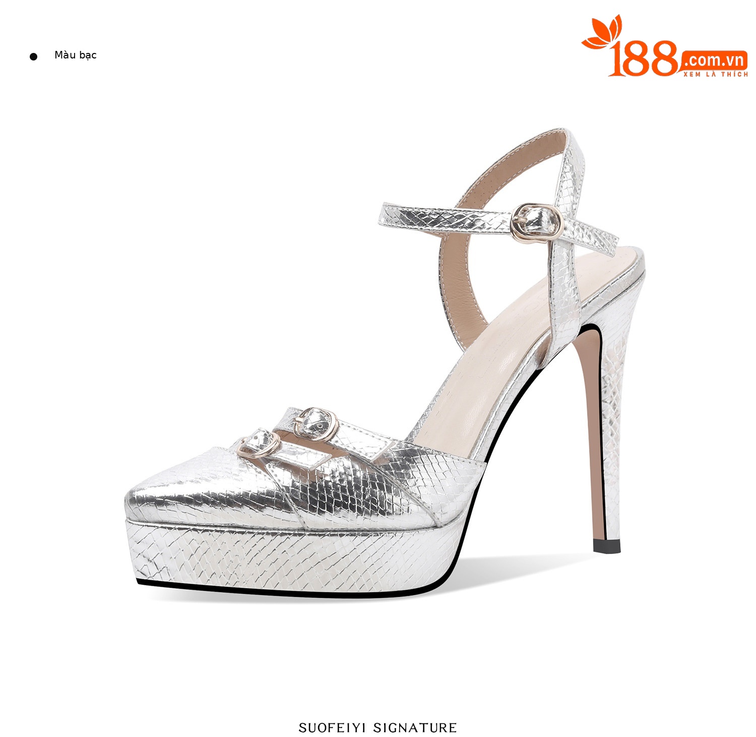 Giày sandal cao gót nữ mũi nhọn gót nhọn khoét rỗng quai mắt cá — Đen, Bạc, Vàng chi tiết 5