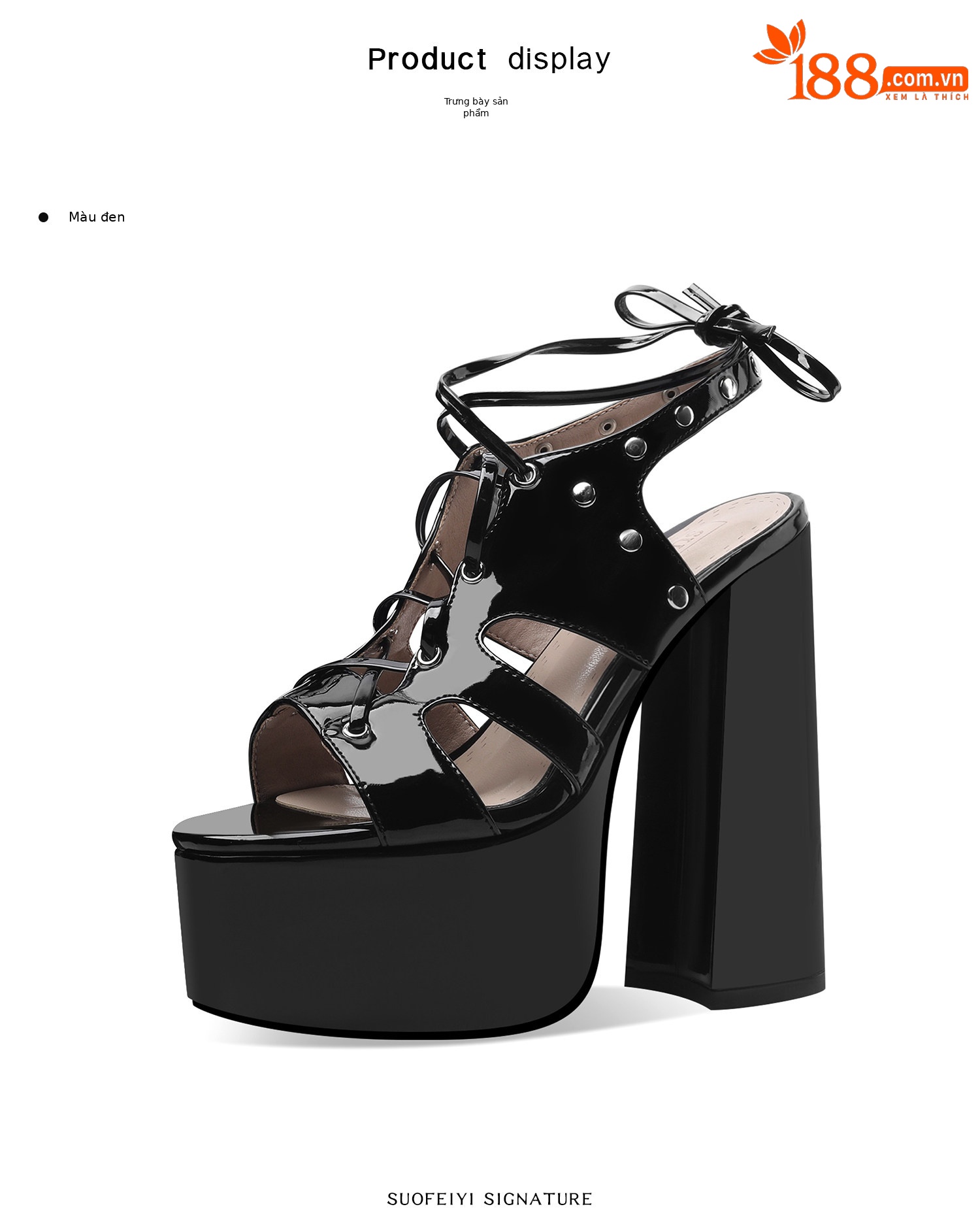 Sandal cao gót nữ mũi hở quai chéo da bóng đế dày gót vuông — Đen, Trắng chi tiết 2
