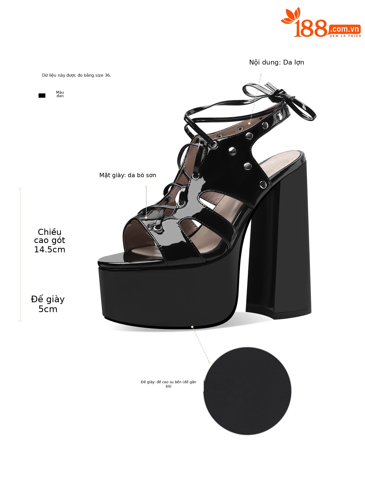 Sandal cao gót nữ mũi hở quai chéo da bóng đế dày gót vuông — Đen, Trắng