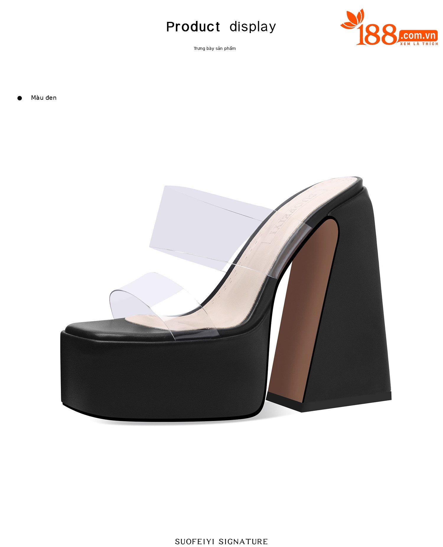 Sandal cao gót nữ hở mũi đế dày gót vuông trong suốt — Đen, Trắng, Mơ chi tiết 2