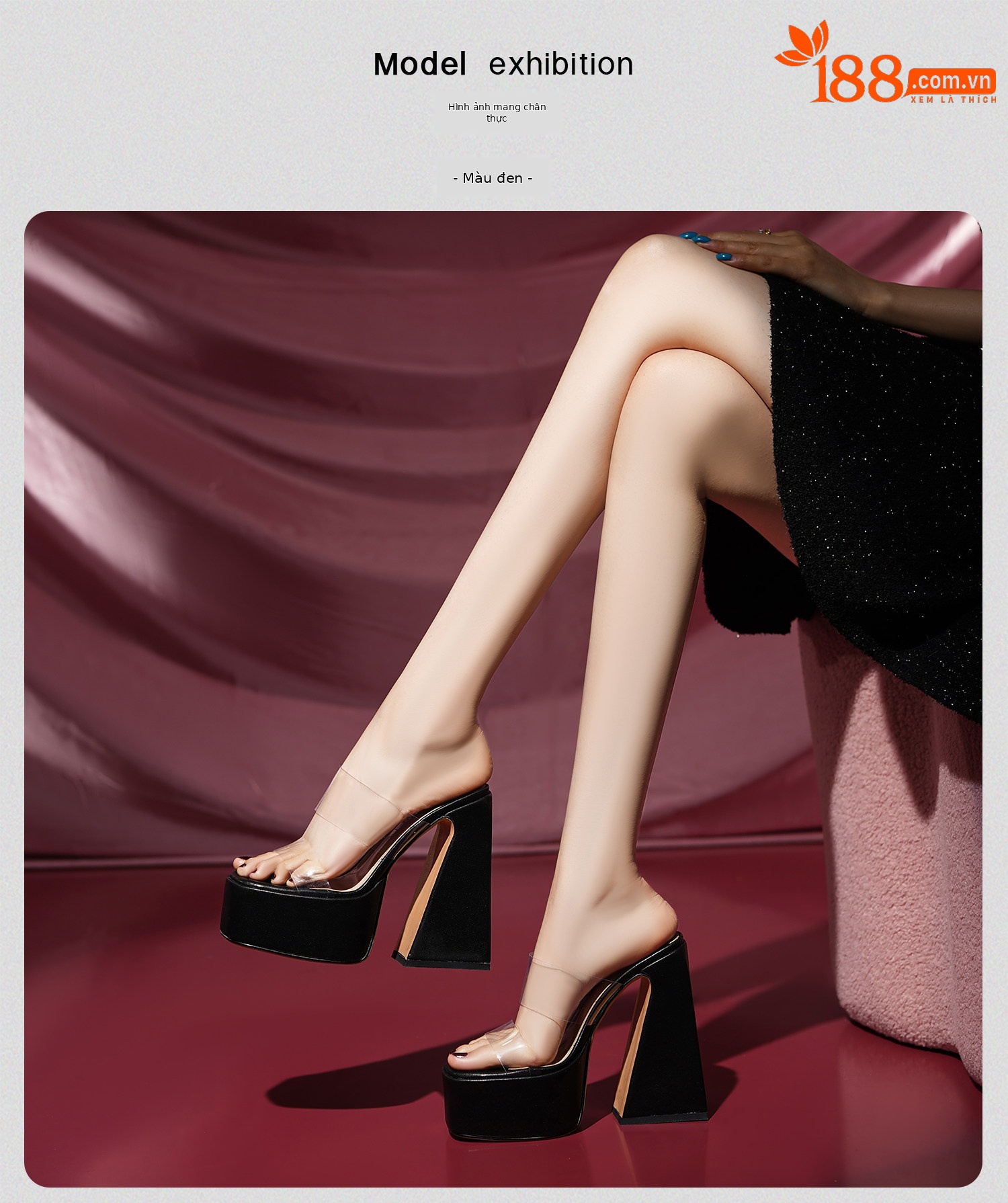 Sandal cao gót nữ hở mũi đế dày gót vuông trong suốt — Đen, Trắng, Mơ chi tiết 14