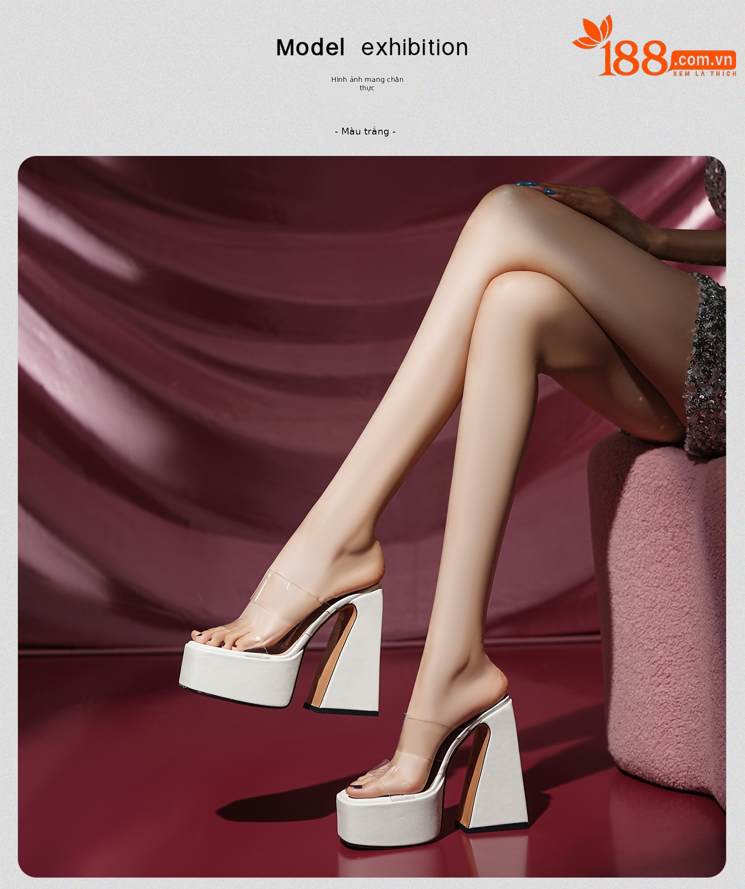 Sandal cao gót nữ hở mũi đế dày gót vuông trong suốt — Đen, Trắng, Mơ chi tiết 21