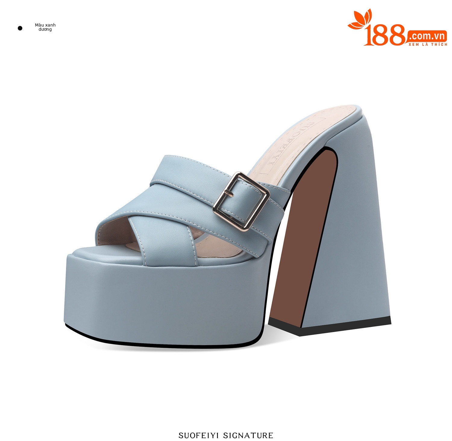Sandal cao gót nữ hở mũi quai ngang đế dày gót vuông — Đen, Xanh dương, Vàng+Trắng, Hồng+Trắng chi tiết 4