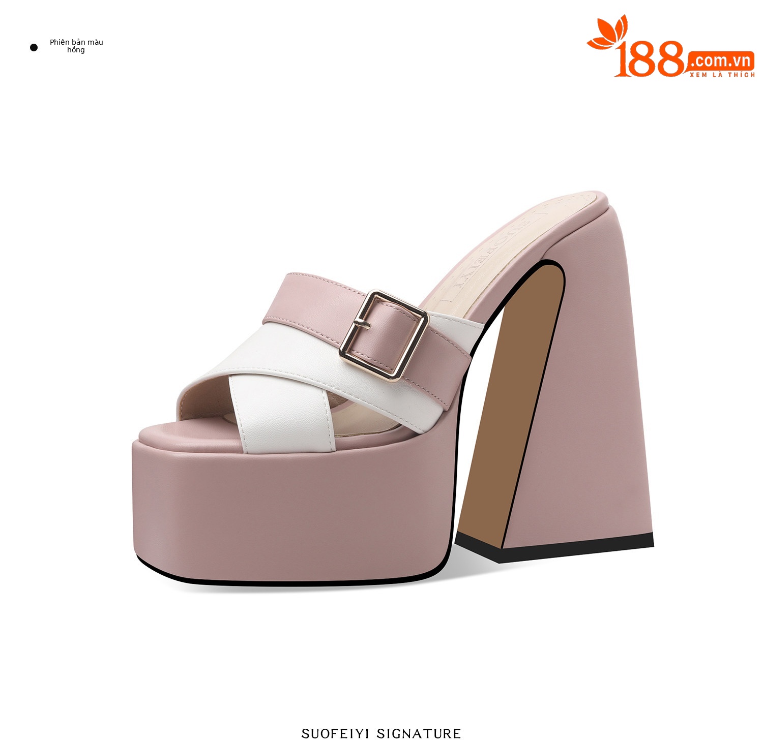 Sandal cao gót nữ hở mũi quai ngang đế dày gót vuông — Đen, Xanh dương, Vàng+Trắng, Hồng+Trắng chi tiết 6