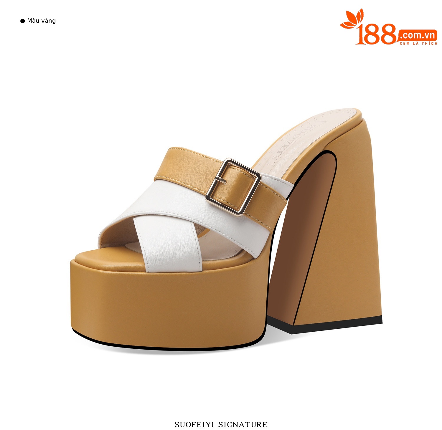Sandal cao gót nữ hở mũi quai ngang đế dày gót vuông — Đen, Xanh dương, Vàng+Trắng, Hồng+Trắng chi tiết 8