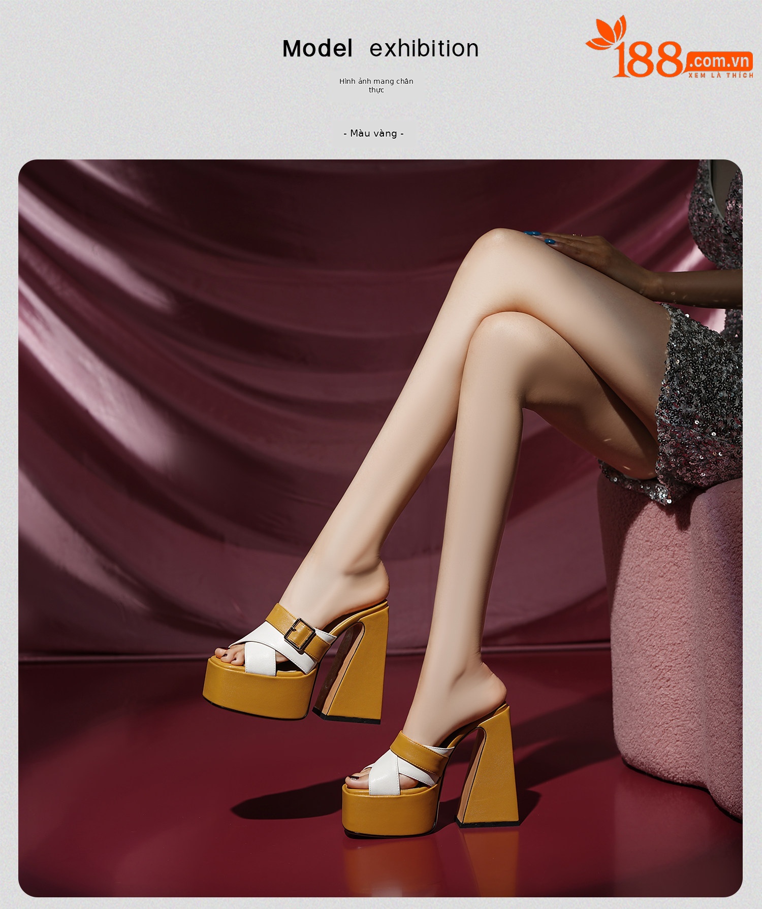 Sandal cao gót nữ hở mũi quai ngang đế dày gót vuông — Đen, Xanh dương, Vàng+Trắng, Hồng+Trắng chi tiết 17