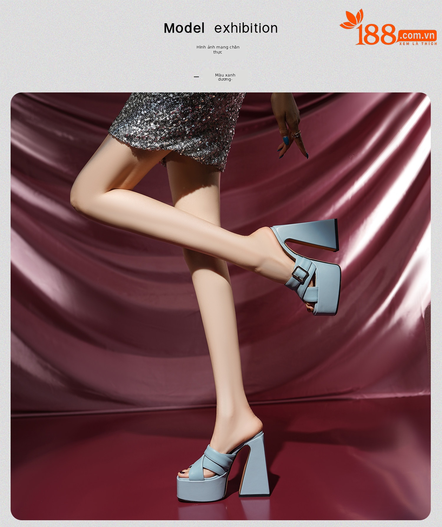 Sandal cao gót nữ hở mũi quai ngang đế dày gót vuông — Đen, Xanh dương, Vàng+Trắng, Hồng+Trắng chi tiết 24