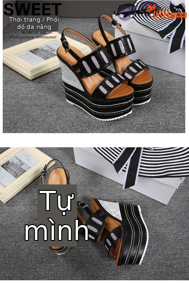 Giày cao gót nữ đế xuồng platform siêu cao 16 cm, mũi nhọn, chất liệu lưới thoáng khí — màu cam, đen chi tiết 5