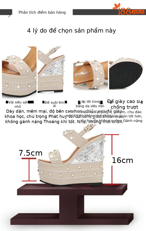 Sandal nữ cao gót 16 cm dây chữ T hở mũi đính ngọc trai có khóa — Trắng, quả mơ, đen chi tiết 1