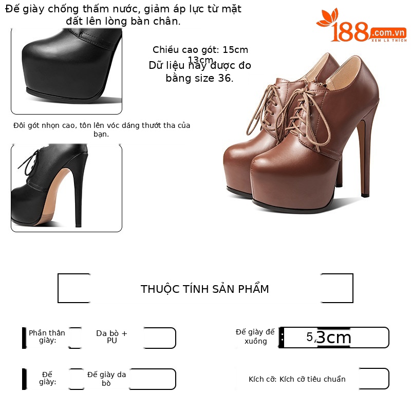 Boot nữ cổ thấp mũi nhọn gót siêu cao 15cm dây buộc chống nước — Đen 15cm Nhỏ Hơn Một Size, Nâu 15cm Nhỏ Hơn Một Size, Đen 13cm Nhỏ Hơn Một Size, Nâu 13cm Nhỏ Hơn Một Size