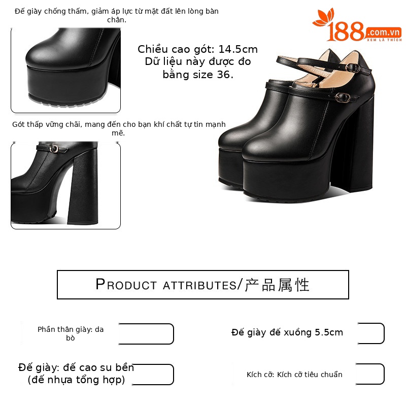 Giày clog nữ da bò đen đế dày chống nước, gót vuông 9 cm, mũi nhọn khoét sâu — Đen