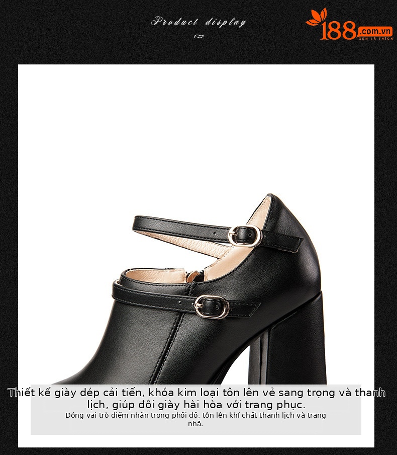 Giày clog nữ da bò đen đế dày chống nước, gót vuông 9 cm, mũi nhọn khoét sâu — Đen chi tiết 8