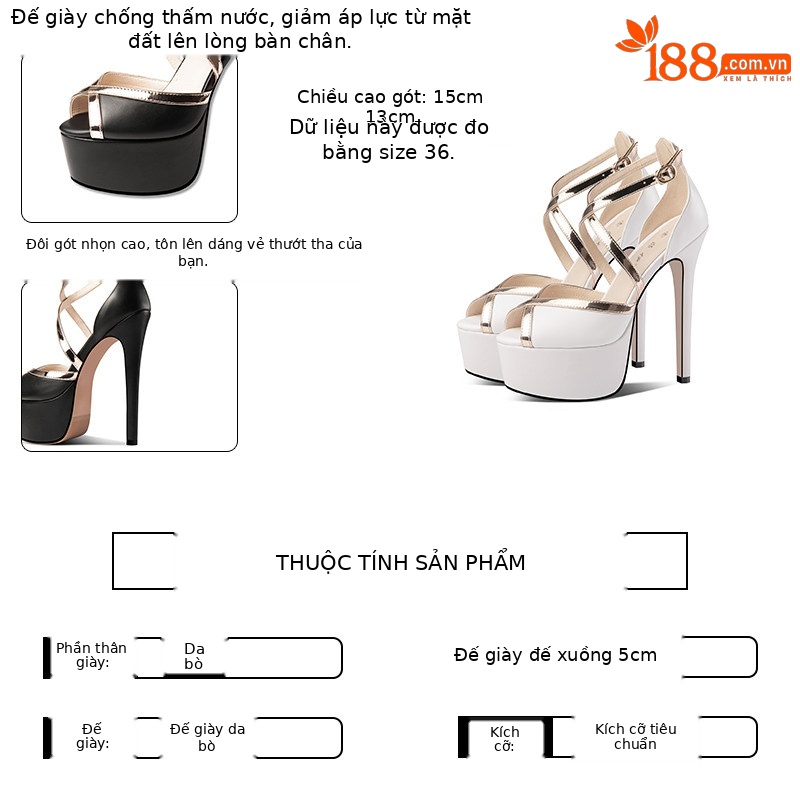 Sandal cao gót nữ hở mũi đế platform chống nước, gót siêu cao 13-15 cm — Trắng Cao Gót 13cm, Đen Cao Gót 13cm, Trắng Cao Gót 15cm, Đen Cao Gót 15cm