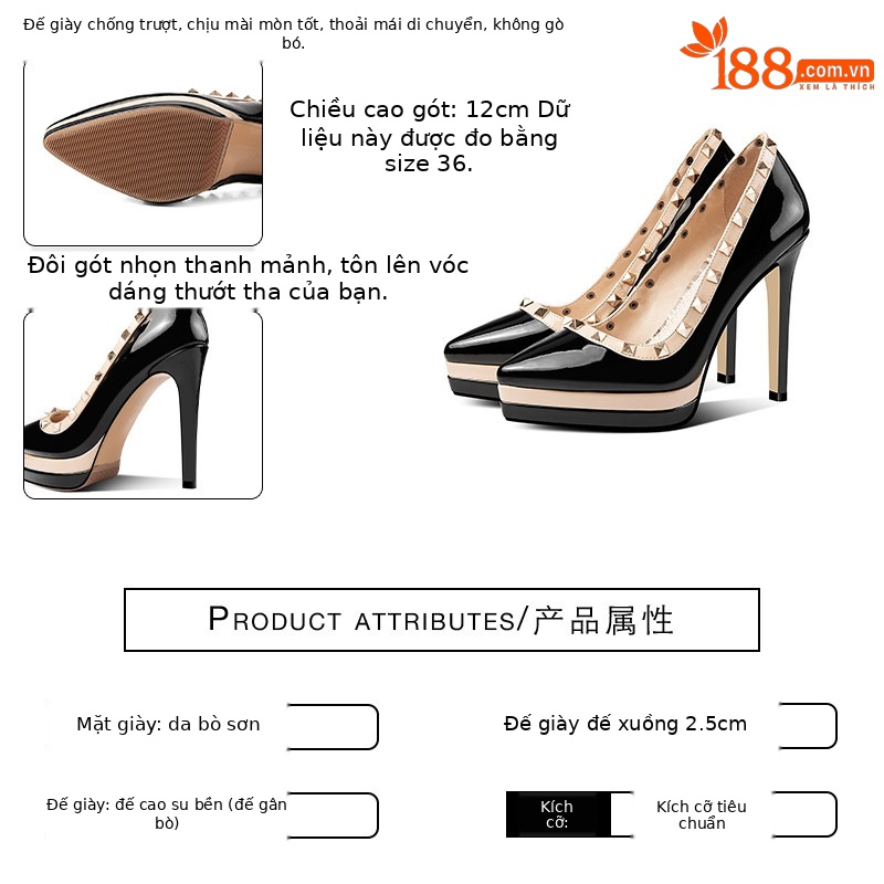 Giày cao gót nữ mũi nhọn da bóng đinh tán gót siêu cao 8 cm — Đen