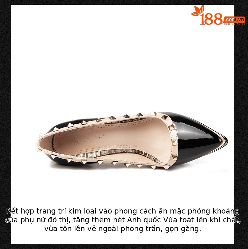 Giày cao gót nữ mũi nhọn da bóng đinh tán gót siêu cao 8 cm — Đen chi tiết 9