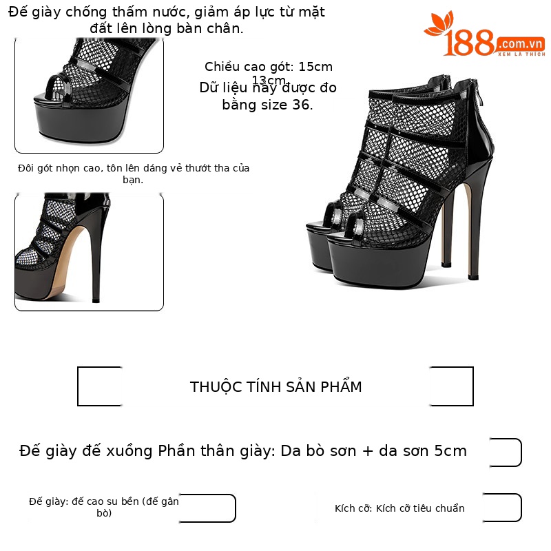 Sandal cao gót nữ da bò lưới hở mũi gót siêu cao 13–15 cm — Đen Cao Gót 13cm, Đen Cao Gót 15cm