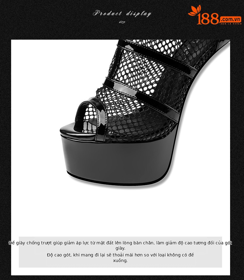 Sandal cao gót nữ da bò lưới hở mũi gót siêu cao 13–15 cm — Đen Cao Gót 13cm, Đen Cao Gót 15cm chi tiết 8