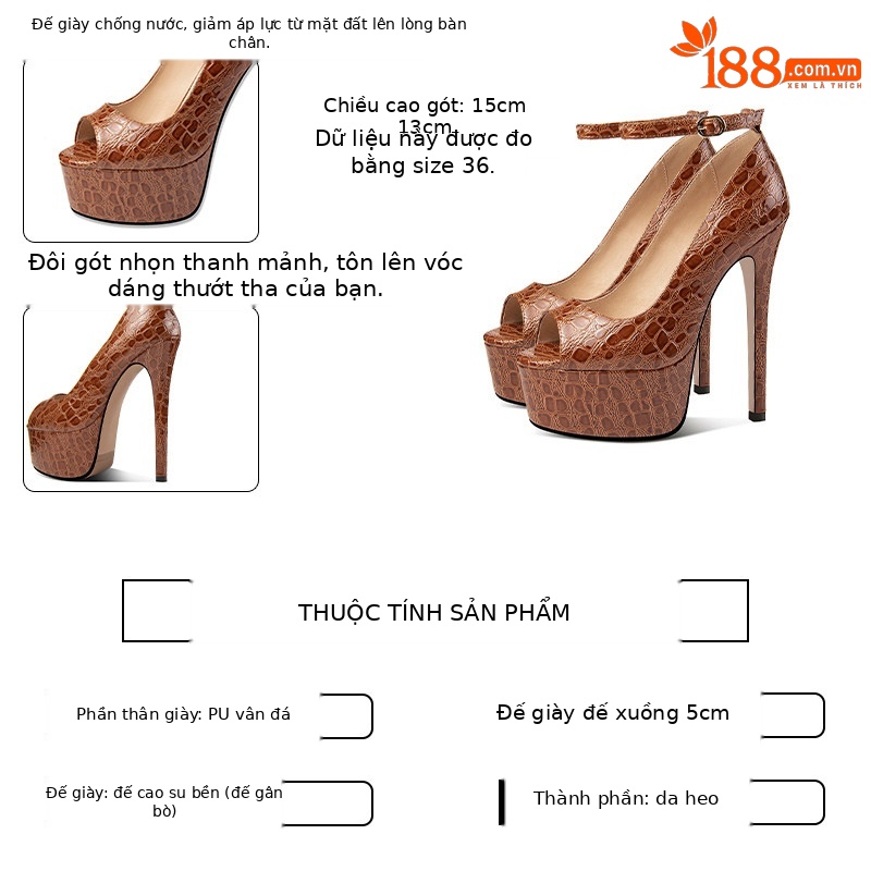 Sandal cao gót nữ một quai khóa bản to, mũi hở, gót siêu cao 13-15 cm, họa tiết da rắn — Brown (15cm Heel Height), Black (15cm Heel Height), Brown (13cm Heel Height), Black (13cm Heel Height)