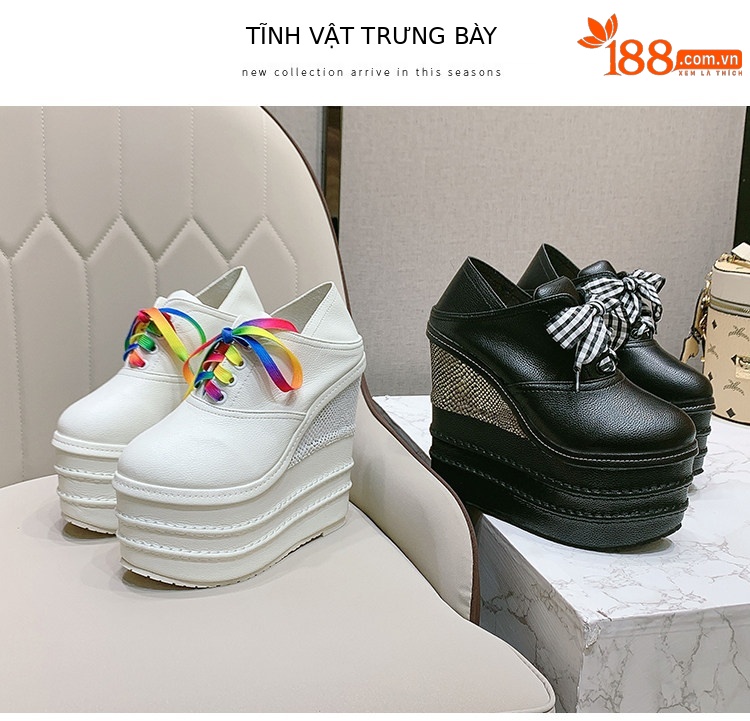 Giày cao gót nữ đế xuồng platform siêu cao 15 cm, dây buộc, kiểu xỏ chân đa năng — Trắng 12CM, Trắng 15CM, Đen 12CM, Đen 15CM chi tiết 23