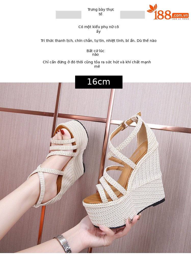 Sandal nữ đế xuồng cao gót 16 cm quai chéo hở mũi platform — Màu trắng nhạt 12cm, Màu trắng nhạt 14cm, Trắng nhạt 16cm chi tiết 8