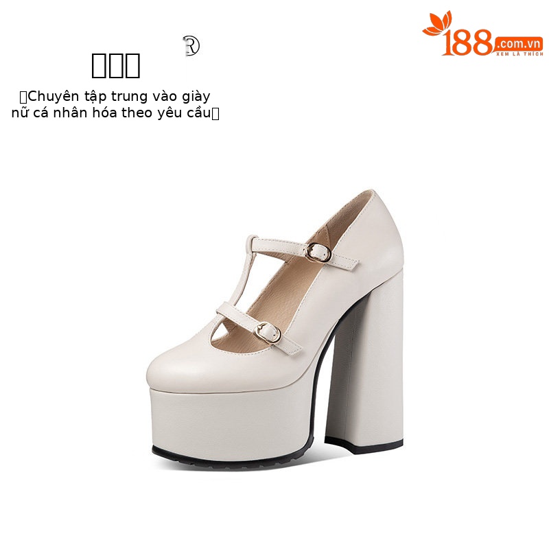 Giày Mary Jane nữ quai T mũi tròn cổ điển, gót siêu cao 8 cm, đế platform chống nước — Đen, Be
