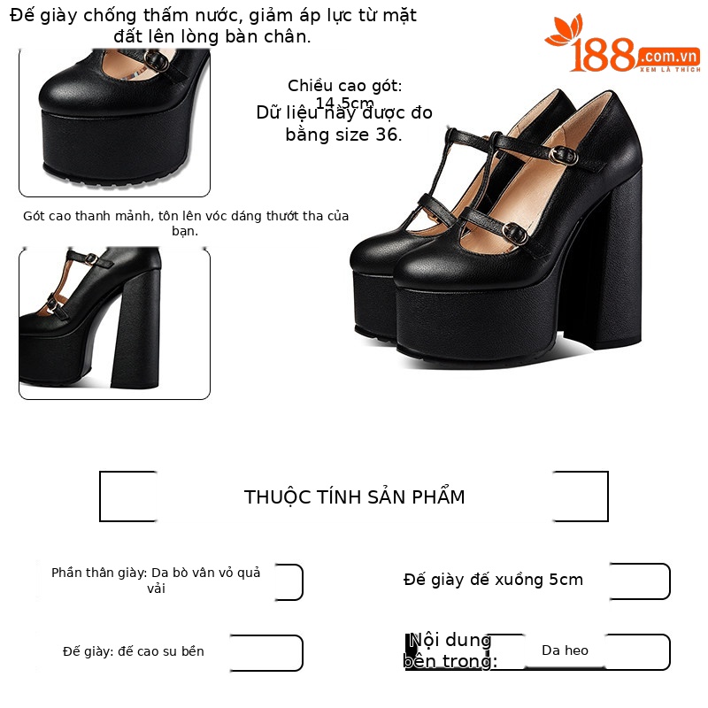 Giày Mary Jane nữ quai T mũi tròn cổ điển, gót siêu cao 8 cm, đế platform chống nước — Đen, Be